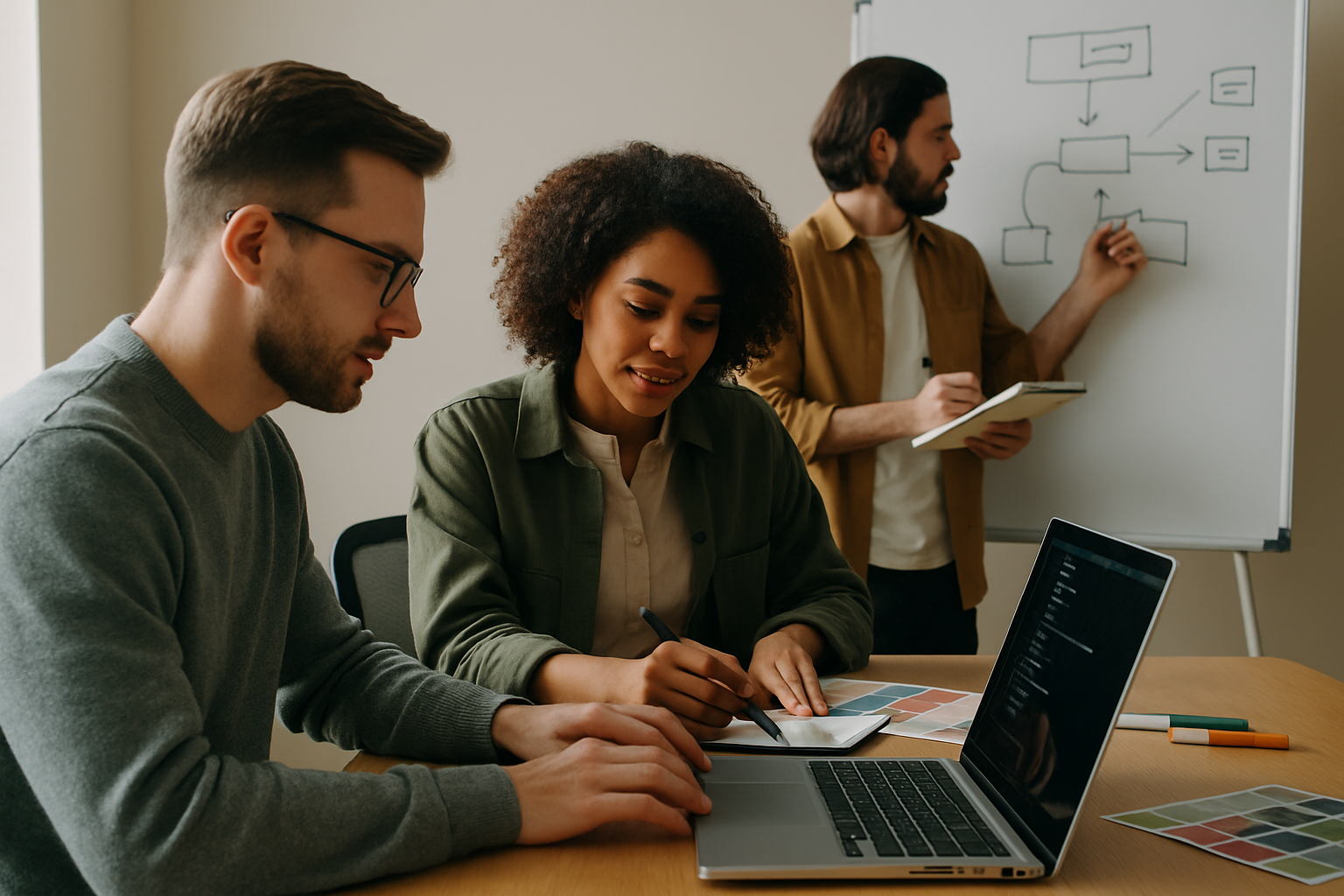 Collaborator meeting with designer, developer, and marketing specialist